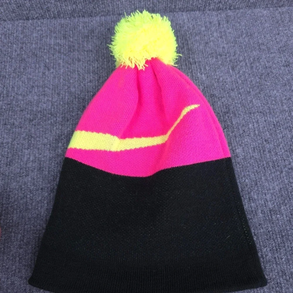 Nike Beanie Hat Girls Pink Black Big Swoosh Knit Pom Cuffed One Size Winter Ski‎